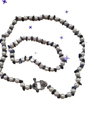 Handmade Freshwater Pearl and Blue Lapis Necklace Bracelet Set